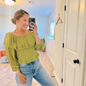 Ramy Brook Green Smocked Long Sleeve Crop Blouse Top Medium